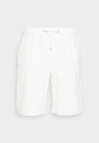 Shorts blancs longueur genou en tissu texturé. Dotés d'une ceinture élastique avec cordon de serrage, de poches latérales et d'un ourlet cousu.