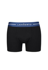 Czarne bawełniane bokserki z niebieskim elastycznym pasem, na którym znajduje się biały napis "LANÇERTO" oraz akcentujące paski. Gładka tekstura i dopasowany krój.