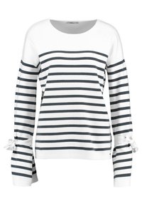 Pullover a righe bianco e blu navy, con maniche lunghe e dettagli a fiocco ai polsini, scollo rotondo e una morbida trama in misto cotone.