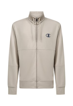 Giacca beige chiaro con zip, colletto alla coreana, coulisse, maniche lunghe e piccolo logo scuro sul petto a sinistra.