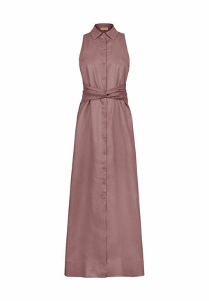 Ärmelloses mauve Maxikleid mit Knopfleiste, Kragen und gedrehtem Stoffgürtel in der Taille.