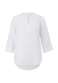 Weißes Leinenhemd mit V-Ausschnitt, Dreiviertelärmeln, strukturiertem Oberflächenmaterial und leichten Falten an der Brust. Abgerundeter Saum.