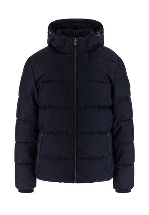 Marineblaue Steppjacke mit gesteppter Struktur, Reißverschluss vorne und hohem Kragen. Verfügt über Seitentaschen und gerippte Bündchen für Wärme.