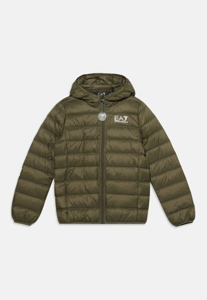 Veste matelassée à capuche vert olive avec fermeture éclair devant et logo EA7 Emporio Armani sur la poitrine, affichée sur fond blanc.