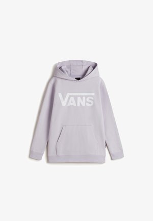 Fioletowa bluza z kapturem z miękkiego materiału, z dużym białym logo "VANS" z przodu oraz kieszenią kangurką na przodzie.