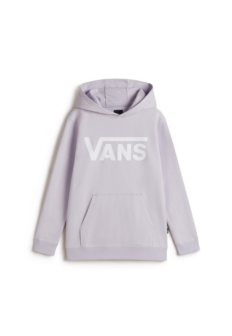 Felpa con cappuccio lilla realizzata in materiale morbido, con un grande logo bianco "VANS" sulla parte frontale e una tasca a marsupio.