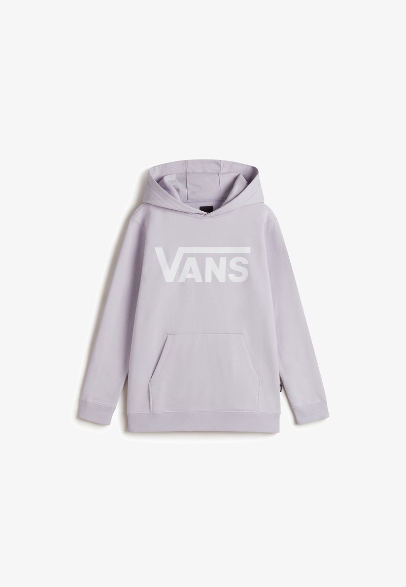 Felpa con cappuccio lilla realizzata in materiale morbido, con un grande logo bianco "VANS" sulla parte frontale e una tasca a marsupio.