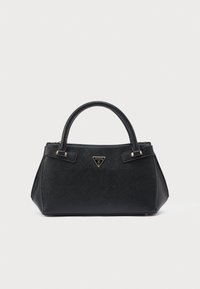 Borsa nera sintetica con forma strutturata, doppie maniglie superiori, accessori color oro e targhetta con logo sulla parte anteriore. Finitura testurizzata.