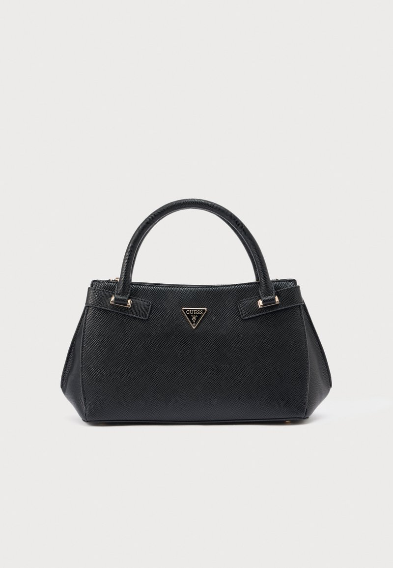 Borsa nera sintetica con forma strutturata, doppie maniglie superiori, accessori color oro e targhetta con logo sulla parte anteriore. Finitura testurizzata.