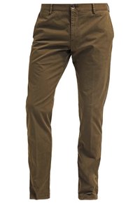 Hnědé bavlněné kalhoty s hladkou texturou, slim fit a poutky na opasek. Mají zapínání na knoflík a přední kapsy.