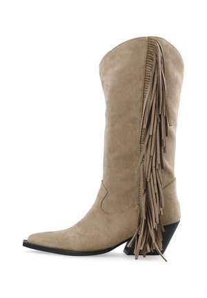 Beige suede cowboy boot with pointed toe, stacked angled heel, and long fringe detail along the side shaft.