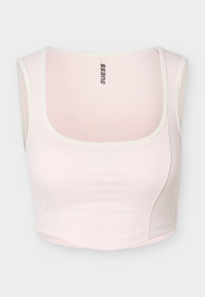 helehele roosa lühendatud topp laiade õlarihmadega, ruudukujuline kaelus, peened õmblused ning "GUESS" logo sisemisel kaeluse tagaküljel.