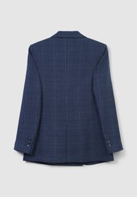 Blazer a scacchi blu navy con vestibilità su misura, revers a punta e polsini a tre bottoni. Tessuto liscio e forma strutturata, vista posteriore mostrata.