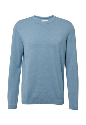 Svetlo modra majica z dolgimi rokavi, okroglim izrezom, rebraste teksture in subtilnimi vodoravnimi črtami. Iz mehke tkanine z minimalnimi šivi.