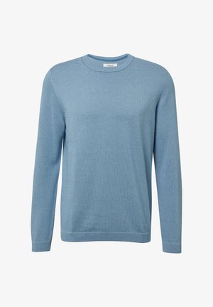 Helehall sinine kampsun, pikad varrukad, ümmargune kaelus, soonikuline tekstuur ja peened horisontaalsed triibud. Valmistatud pehmest kangast minimaalse õmbluste detailidega.