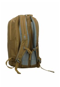 Zaino in tessuto color sabbia con schienale e spallacci imbottiti in rete traspirante, fibbie regolabili e un compartimento principale con zip.