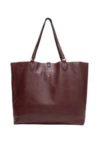 Grande borsa tote in pelle bordeaux con superficie testurizzata, doppie spalline e chiusura sicura nella parte superiore. Dettaglio logo discreto.
