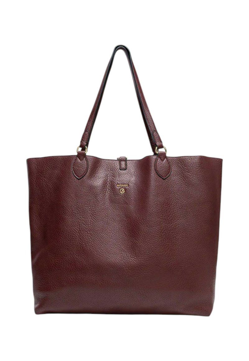 Grande borsa tote in pelle bordeaux con superficie testurizzata, doppie spalline e chiusura sicura nella parte superiore. Dettaglio logo discreto.