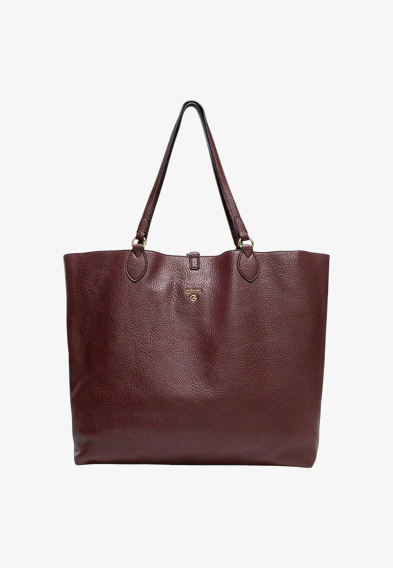 Grande borsa tote in pelle bordeaux con superficie testurizzata, doppie spalline e chiusura sicura nella parte superiore. Dettaglio logo discreto.