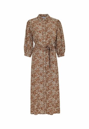 Brah obleka s gumbom z valovitim belim vzorcem,es na pasu, dolgi rokavi in dolžina do polovice.