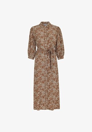 Brah obleka s gumbom z valovitim belim vzorcem,es na pasu, dolgi rokavi in dolžina do polovice.