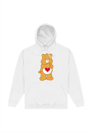 Hvid hættetrøje med et tegneserie-bjørn grafik og et rundt rødt hjerte på maven. Blødt stof, pullover-design og kængurulomme.