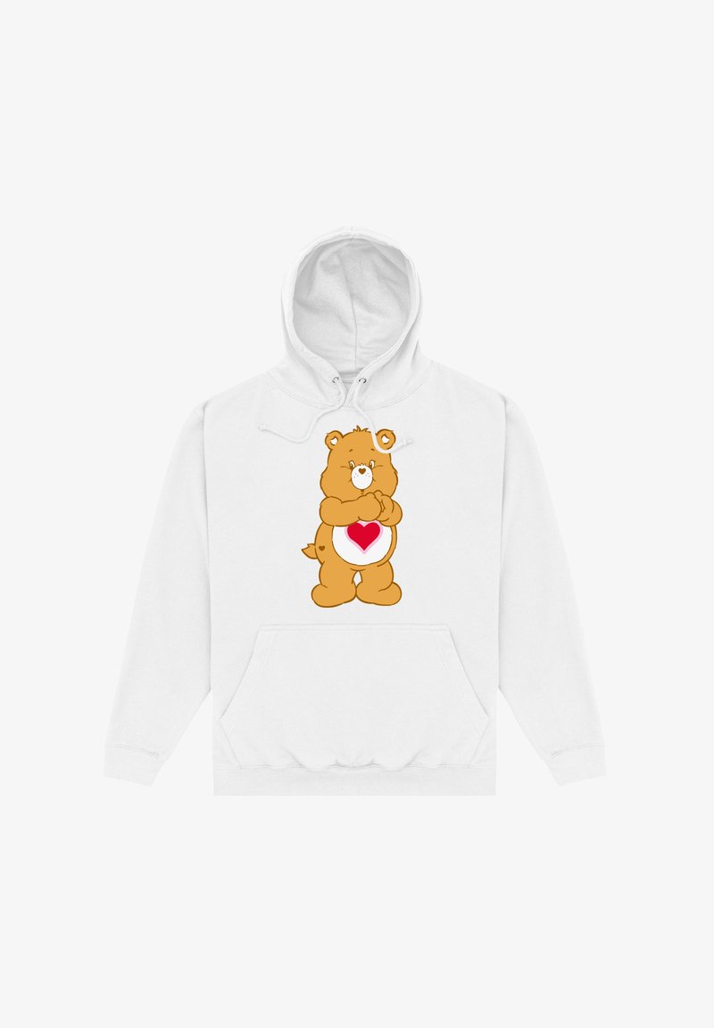 Haut à capuche blanc avec un graphique de ours en dessin animé et un cœur rouge rond sur son ventre. Tissu doux, design à enfiler et poche kangourou.