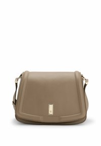 Brown leather shoulder bag with a flap closure, gold hardware accent, and smooth texture. Features a structured shape and clean lines.