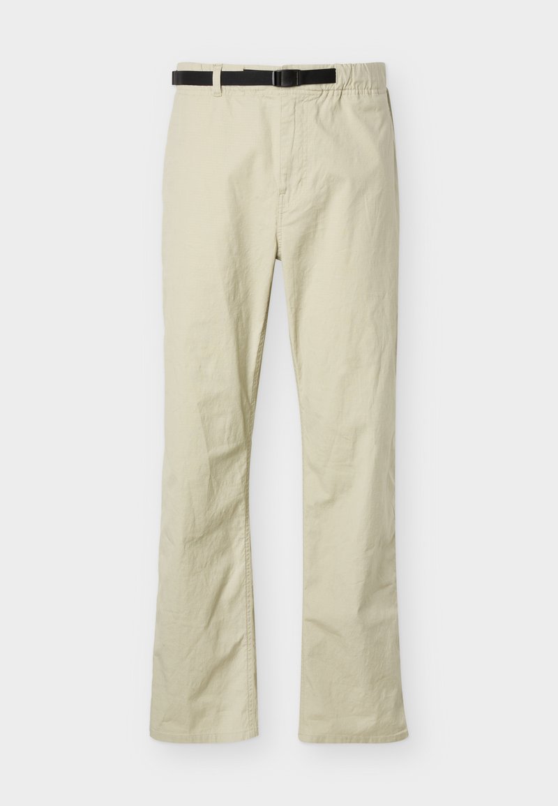 Beige straight-leg pants with an integrated black adjustable belt, flat front, and no visible pockets, displayed on a white background.