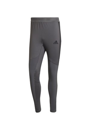 Graue Sportleggings mit taillierter Passform, aus glattem, dehnbarem Stoff gefertigt. Verfügt über ein Adidas-Logo am linken Oberschenkel und dezente Nähte.