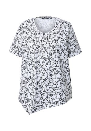 Weißes kurzärmliges T-Shirt mit einem schwarzen Scherenschnittmuster, rundem Ausschnitt und asymmetrischem Saum. Aus weichem, leichtem Stoff.