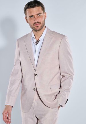 Hellrosa Blazer und passende Hose aus strukturiertem Stoff, mit Zweiknopfverschluss, Kerbkragen und Fronttaschen.