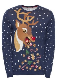 Marineblauer Pullover mit weißen Punkten und einem Rentier-Motiv, roter Nase und bunten Feiertagsleckereien wie Zuckerstangen und Sternen.