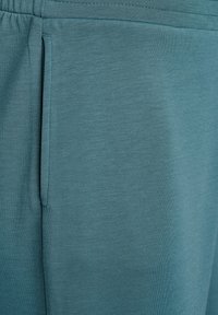 Pantalons de jogging teal fabriqués dans un tissu doux et léger, avec une taille élastique et une poche latérale, présentant une texture lisse.