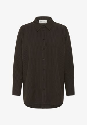 Dark brown button-up shirt with a collar, featuring vertical pinstripes, long sleeves, and a curved hemline. Black buttons down the front.