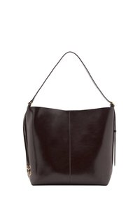 Borsa a spalla in pelle marrone con una texture liscia, apertura ampia e una sola tracolla. Presenta cuciture sottili e dettagli in metallo dorato.