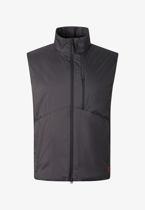 Sort ærmeløs vest med lynlås, høj krave og lodret brystlomme-lynlås på højre side.