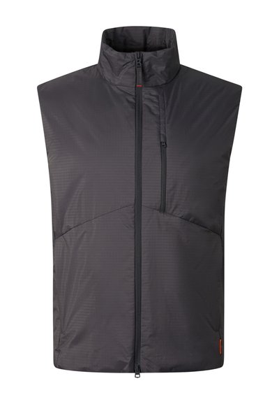 Zwarte mouwloze vest met ritssluiting, hoge kraag en verticale rits van het borstzakje aan de rechterkant.