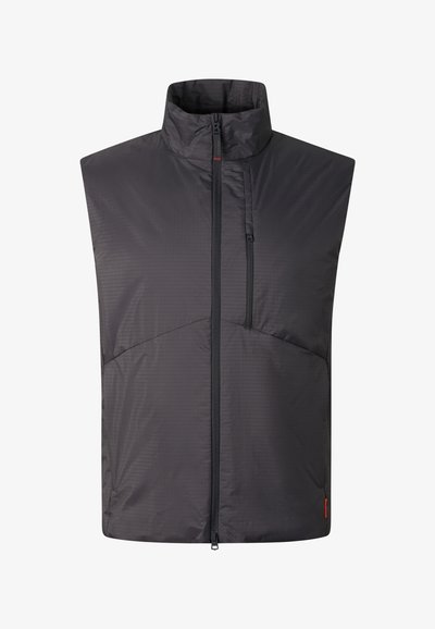 Zwarte mouwloze vest met ritssluiting, hoge kraag en verticale rits van het borstzakje aan de rechterkant.