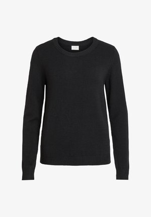 Schwarzer Strickpullover mit langen Ärmeln, rundem Halsauschnitt, gerippten Bündchen und Saum. Glatte Textur und einfaches Design ohne Muster.