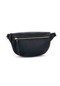 Marsupio in finta pelle nera con forma arrotondata, zip dorata e tracolla regolabile. Presenta una tasca frontale con zip e una texture liscia.