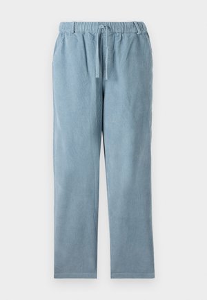 Light blue corduroy pants with an elastic waistband, drawstring, straight leg shape, and ribbed texture. No visible pockets.