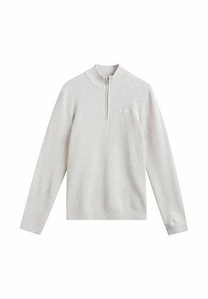 Lichtgrijze pullover met halve rits aan de kraag, geribbelde boorden en zoom, met een textuurbreipatroon over het geheel. Gladde afwerking, casual ontwerp.