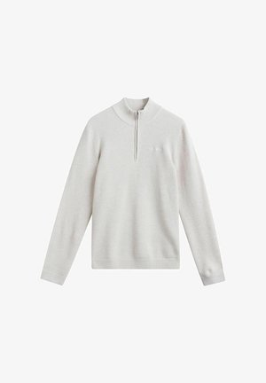 Jasnoszary sweter z półgolfem na zamek, z prążkowanymi mankietami i dołem, z teksturowanym wzorem dzianiny na całej powierzchni. Gładkie wykończenie, casualowy design.