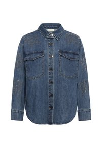 Chemise en jean bleue à boutons, deux poches poitrine, col et discrètes broderies florales sur les épaules et les manches.