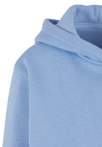 Felpa con cappuccio di un blu chiaro, caratterizzata da una texture morbida, un cappuccio rotondo e dettagli a costine sul collo e sui polsini.
