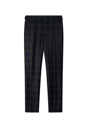 Pantalones de tartán en azul oscuro con un patrón de cuadros en verde y rojo, con frente plano, piernas rectas y una textura suave.