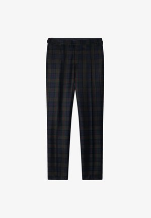 Pantalones de tartán en azul oscuro con un patrón de cuadros en verde y rojo, con frente plano, piernas rectas y una textura suave.