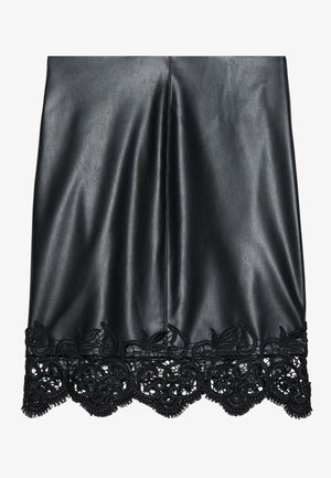 Black faux leather skirt with an intricate black lace trim and scalloped edge at the hem. Smooth texture with a fitted design.