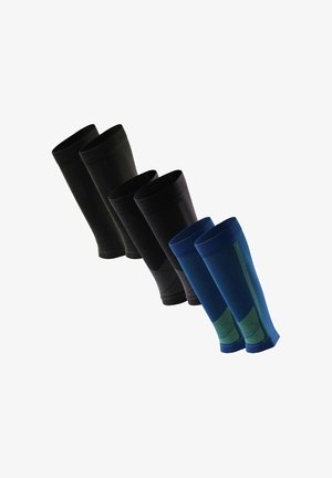 Čtyři páry kompresních ponožek po kolena v černé a modré barvě. Texturovaná látka, žebrovaný design, s kontrastními zelenými akcenty na modrých ponožkách.